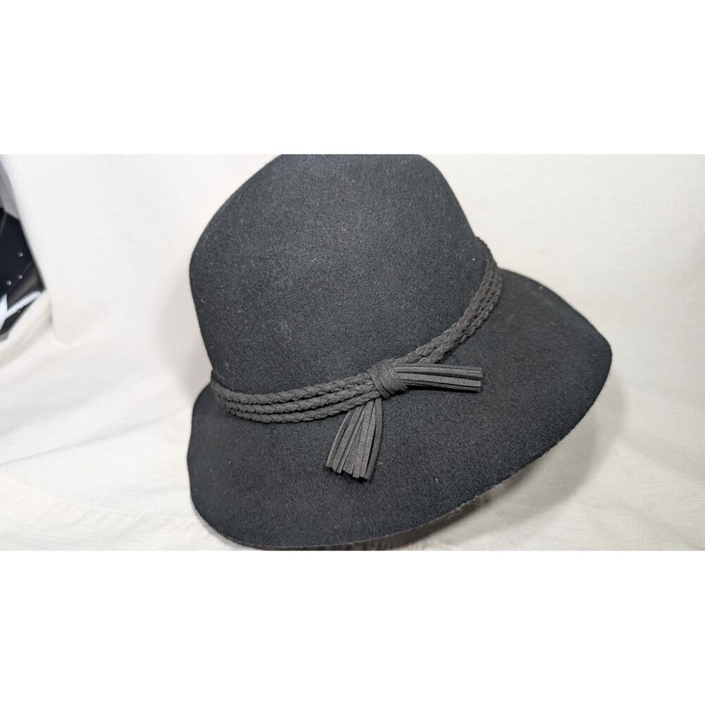 Christian Siriano NY Womens Cloche Hat OS Vtg Wool Felt Black Faux Suede Braid